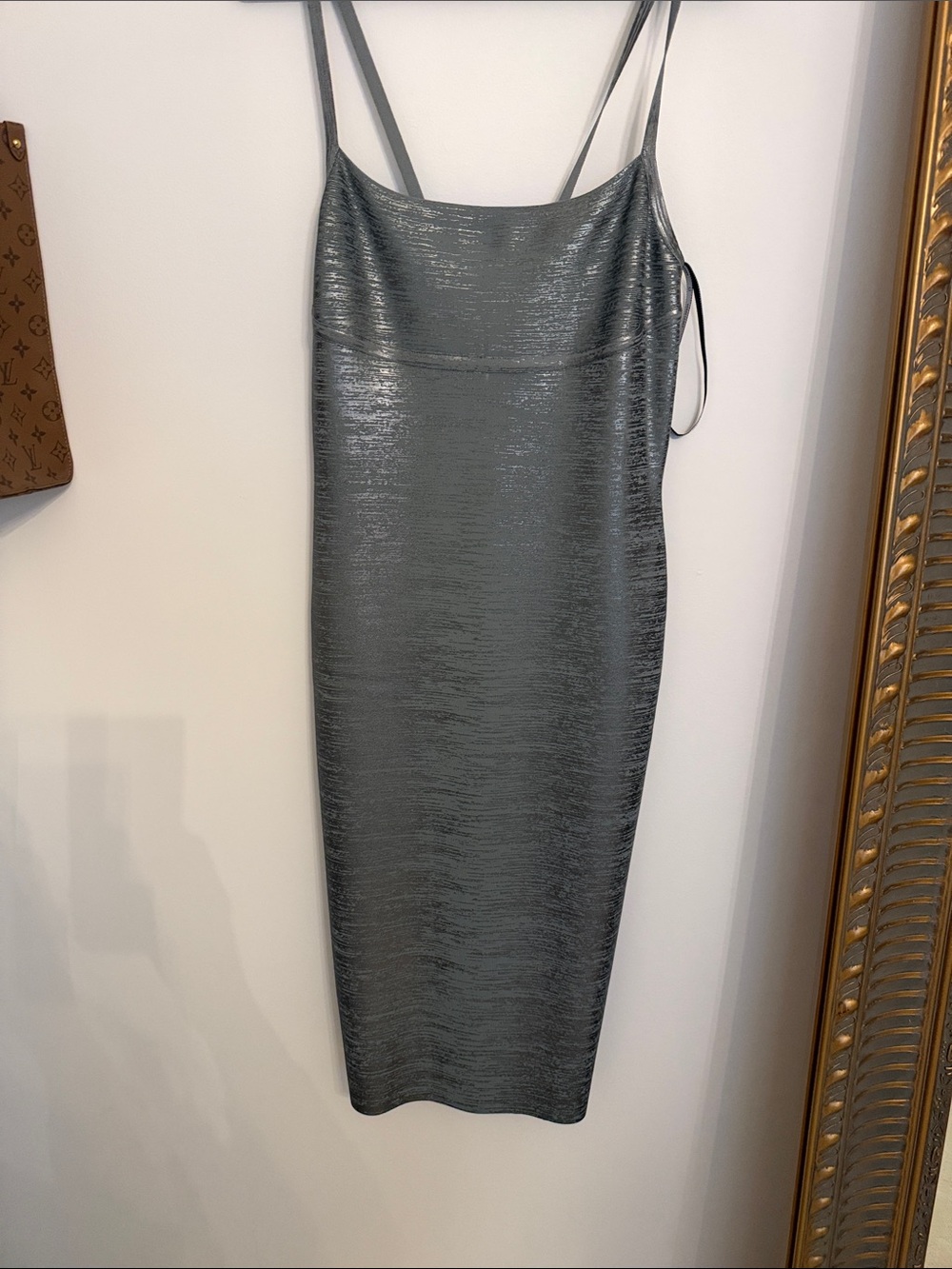 Herve Leger Metallic Pewter Slip Midi Dress